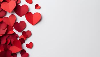 border of red paper hearts arranged on a white background in a flat lay style, perfect for Valentine's Day celebrations, romantic occasions, and love-focused visual concepts photo
