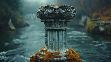 ancient Corinthian column standing amidst a river with fog rolling through the scene creating a melancholic mood perfect for highlighting the beauty of Greek and Roman architecture photo