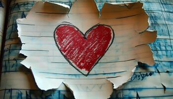 hand-drawn red heart on a ripped notebook page with uneven edges, creating a romantic grunge feel perfect for Valentine's Day photo