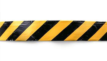 Horizontal caution tape in black and yellow isolated on a clean white background casting a subtle shadow ideal for visuals highlighting industrial safety and construction site hazards photo
