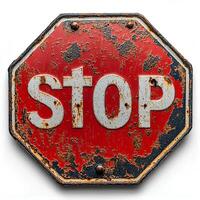 vintage metal stop sign isolated on a clean white background with shadow highlighting its aged texture and worn edges ideal for retro or industrial traffic-related designs photo