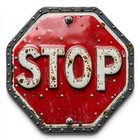 old rustic stop sign isolated on white background with shadow. metal vintage traffic stop sign top view photo