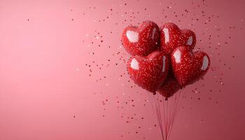 Heart shaped balloons with vibrant confetti on a soft pink background ideal for Valentines Day designs creating a cheerful and romantic mood for love centered visuals photo