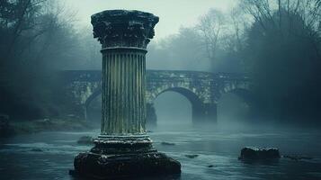 closeup of an ancient Greek Corinthian column surrounded by a river and enveloped in a layer of fog creating a moody and melancholic environment ideal for showcasing classical architecture photo