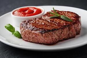 Juicy steak with a side of tomato sauce garnished with fresh herbs on a white plate. photo