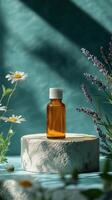 A serene scene featuring a bottle placed on a decorative stone with flowers around. photo