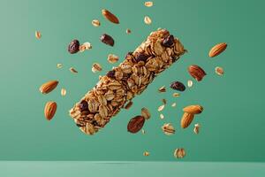Healthy granola bar with nuts and fruits floating against a green background. photo