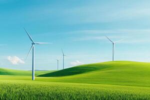 Vast green hills with wind turbines under a clear blue sky, symbolizing renewable energy. photo