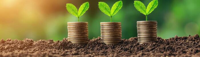 Investing in nature with coins and seedlings representing growth and sustainability. photo