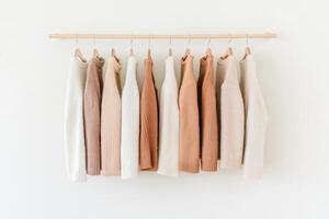 Elegant collection of soft, neutral-colored sweaters hanging on a minimalist rack. photo