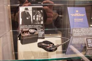 Vilnius, Lithuania - 30th november, 2024- special old camera and spying listening device technology. The Museum of Occupations and Freedom Fights in Vilnius. Soviet occupation of Lithuania photo