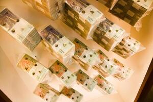 Vilnius, Lithuania - 29th november, 2024- old lithuanian currency litas notes on display in Money museum of the bank of Lithuania.This museum offers interactive exhibits.History of lithuanian money photo