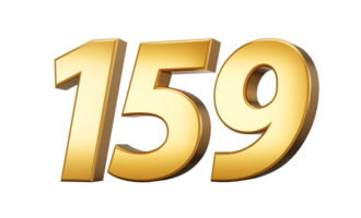 3d number 159 one hundred fifty nine Gold text with reflection 3d illustration png