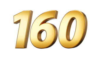 3d number 160 one hundred sixty Gold text with reflection 3d illustration png