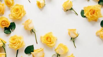 Top view spring flowers background, mother day background, blank space, yellow rose art photo