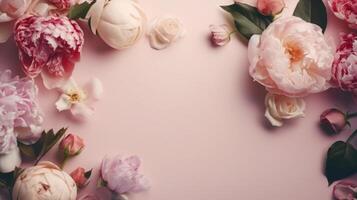 Top view spring flowers background, mother day background, blank space, peonies art photo
