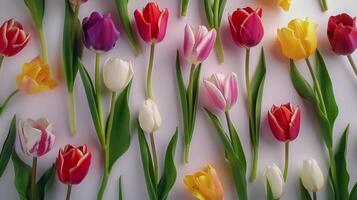 Top view spring flowers background, mother day background, blank space, colored photo
