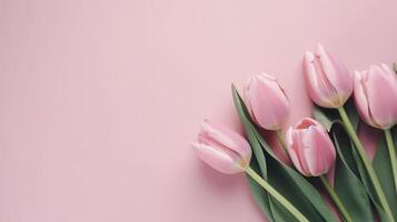 Top view spring flowers background, mother day background, blank space, pink tulips art photo