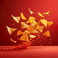 Potato chips snacks, unhealthy food, food photo, red background photo