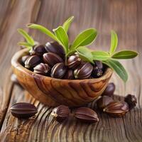 Jojoba seeds in the bowl, healthy food photo, realistic photo