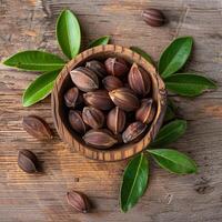 Jojoba seeds in the bowl, healthy food photo, fruit photo