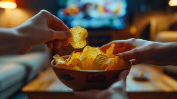 Crispy chips ready for a movie night, unhealthy food, fast food photo