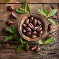 Jojoba seeds in the bowl, healthy food photo, delicious photo