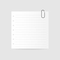 White square paper reminder, sticky note, realistic sticker with striped markings and paper clip. illustration on isolated background with shadow vector