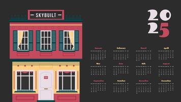 Full calendar for construction company 2025 with building. Modern style design for printing. Business illustration on dark background vector