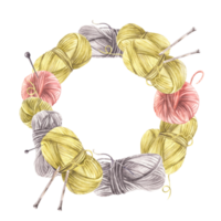 Balls of yarn threads with knitting needles wreath. Watercolor hand drawn illustration. Realistic skeins of string grey, yellow pink coloured. Hobby knitting circular frame. isolated from background png