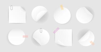 Set round, square self adhesive stickers with folded edges. White paper with shadows, paper clip, color sticky tape. Blank layout for any notes. illustration vector