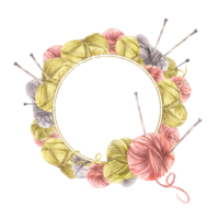 Balls of yarn, threads frame. Hobby knitting golden framed wreath. Skeins of string with knitting needles Handicrafts, needlework product label Watercolor painted illustration isolated from background png