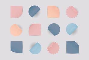 Set round, square self adhesive stickers with folded edges. Colored paper circle with shadows, soft zigzag shapes. Blank layout with empty space. illustration isolated vector