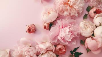Top view spring flowers background, mother day background, blank space, peony photo