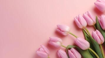 Top view spring flowers background, mother day background, blank space, pink bouquet photo