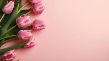 Top view spring flowers background, mother day background, blank space, pink card photo