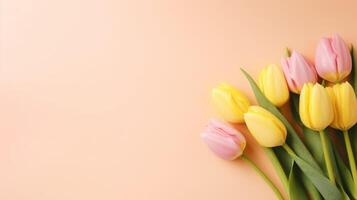 Top view spring flowers background, mother day background, blank space, modern art photo