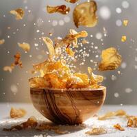 Potato chips snacks, unhealthy food, food photo, splash realistic photo