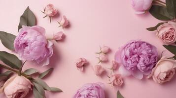 Top view spring flowers background, mother day background, blank space, violet photo