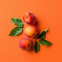 Top view summer fruits background, healthy food photo, peach and leaves photo