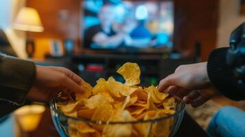 Realistic Crispy chips ready for a movie night, unhealthy food, fast food photo