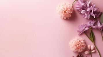 Top view spring flowers background, mother day background, blank space, modern photo
