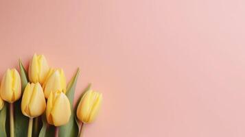 Top view spring flowers background, mother day background, blank space, minimalist card photo