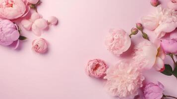 Top view spring flowers background, mother day background, blank space, peonies photo