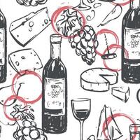 Seamless pattern with wine and snack. Wine glass, cheese, grapes, bottle, glass and wine stains in ink linear sketch style. Background for packaging, wallpaper or package. vector