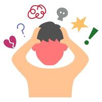 A person with a red face, holding their head with both hands, expressing pannic attack. vector