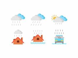 The line icon image of the rain Six weatherrelated symbols depict rain, sunshine, and flood damage to property. Ideal for weather forecasting articles or home insurance websites. vector