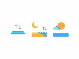 Three tide representations for day, night, high, low water levels. Suitable for educational materials, weather forecasts, marinerelated projects. vector
