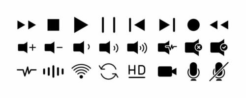 icon Set of Black glyphs of media player controls and settings. Perfect for graphic design projects related to multimedia user interfaces or apps. vector