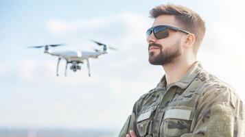 military drone operator wearing sunglasses and uniform photo